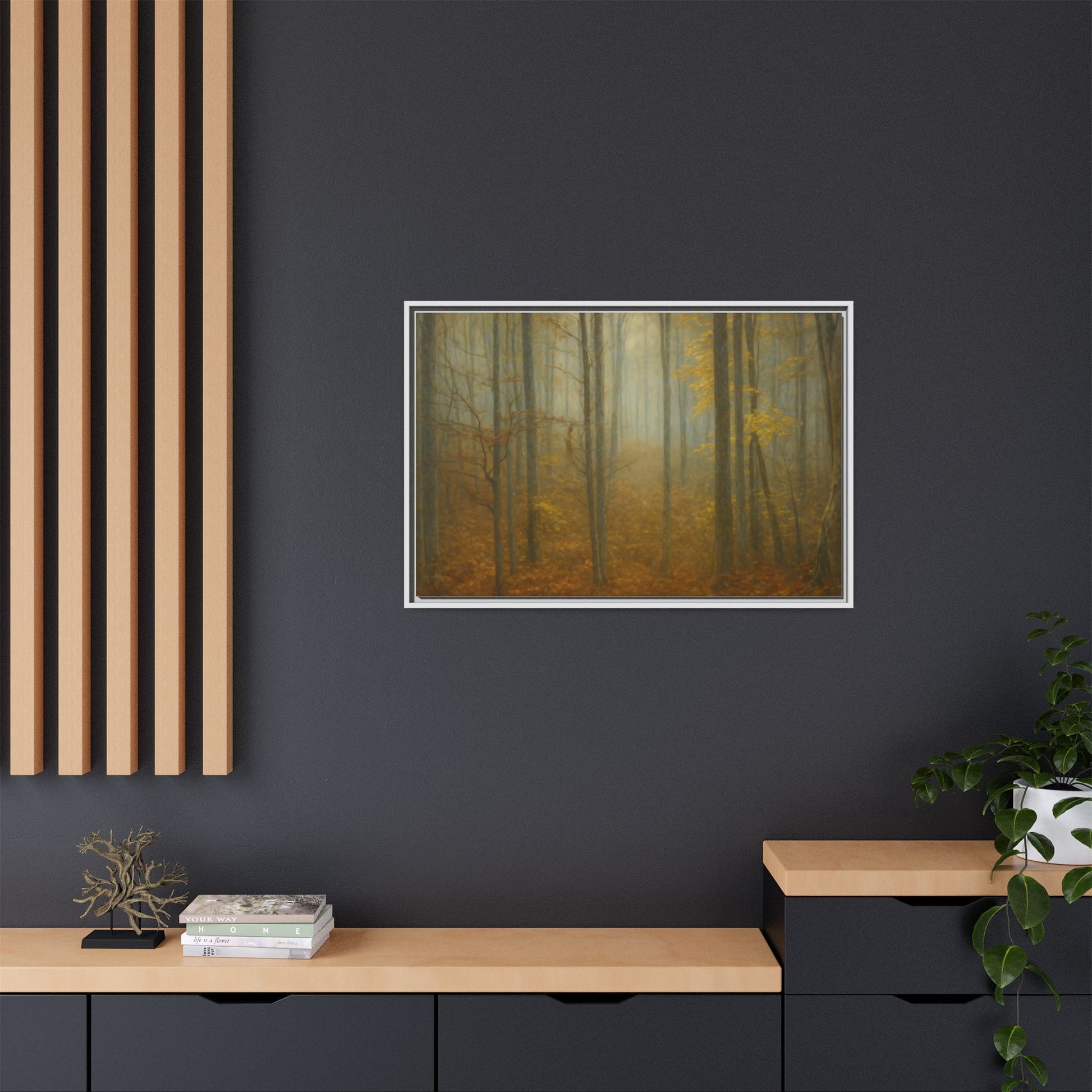 Framed matte canvas wall art of a misty autumn forest with trees and fall foliage, by Printify.