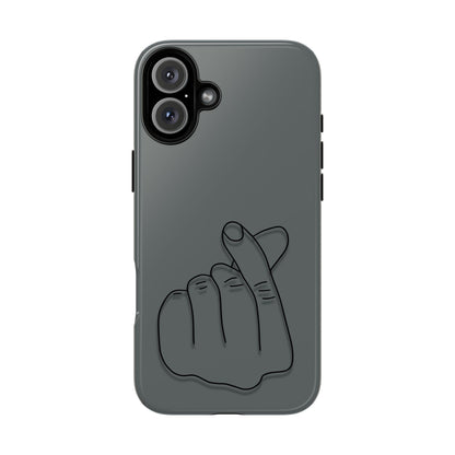 Silicone phone case with embossed Korean finger heart design, compatible with smartphones, by Printify.