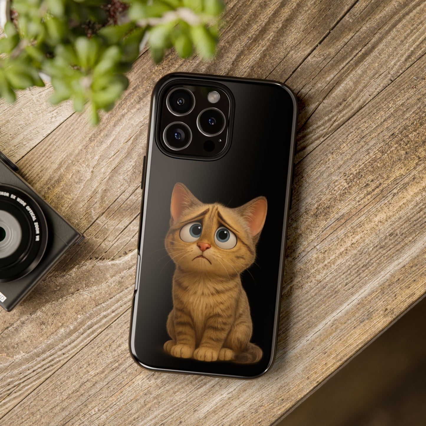 Cute sad kitty print phone case for iPhone, protective design by Printify featuring a sad cat illustration.