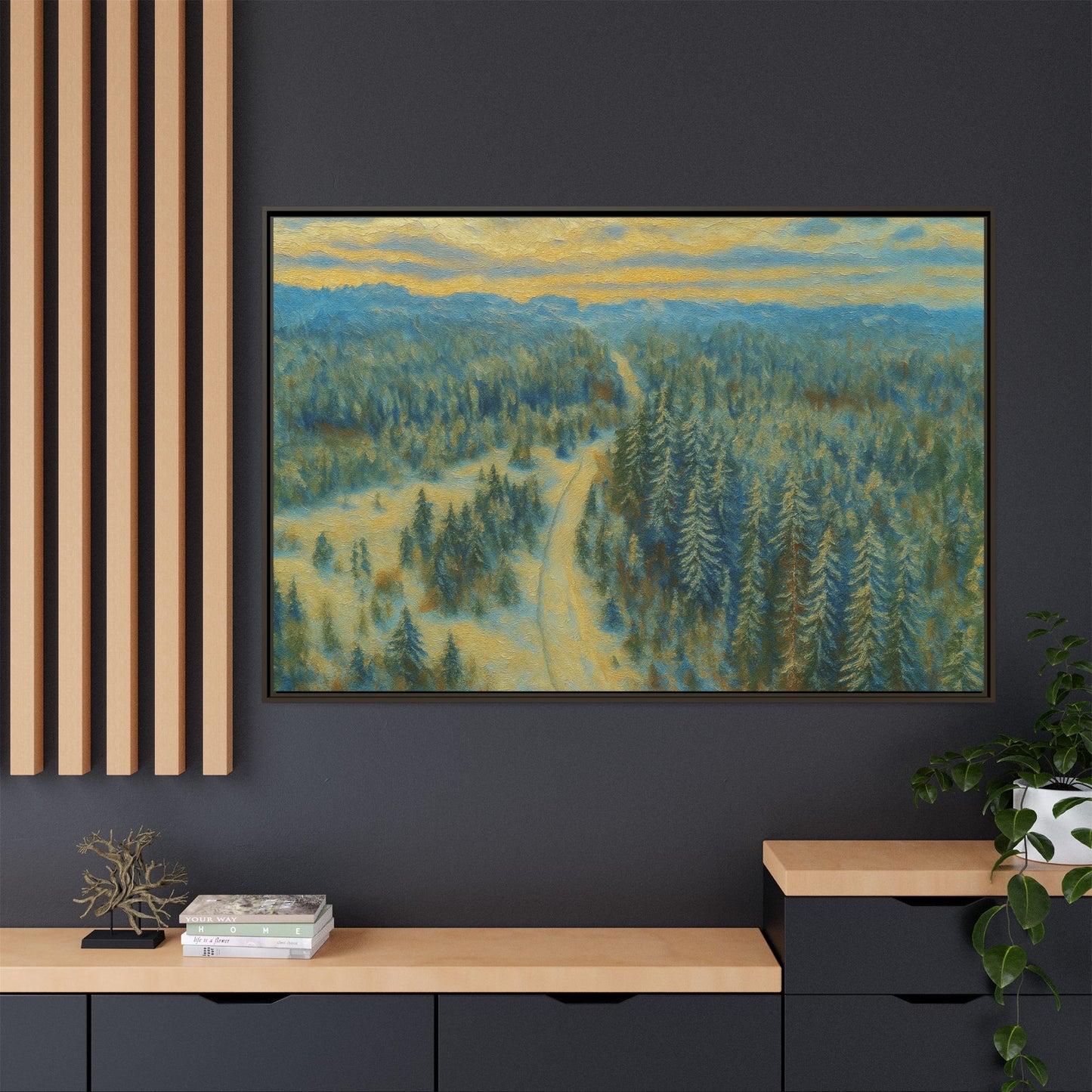 Framed matte canvas print of a serene winter forest landscape by Printify, showcasing snow-covered trees and peaceful scenery.