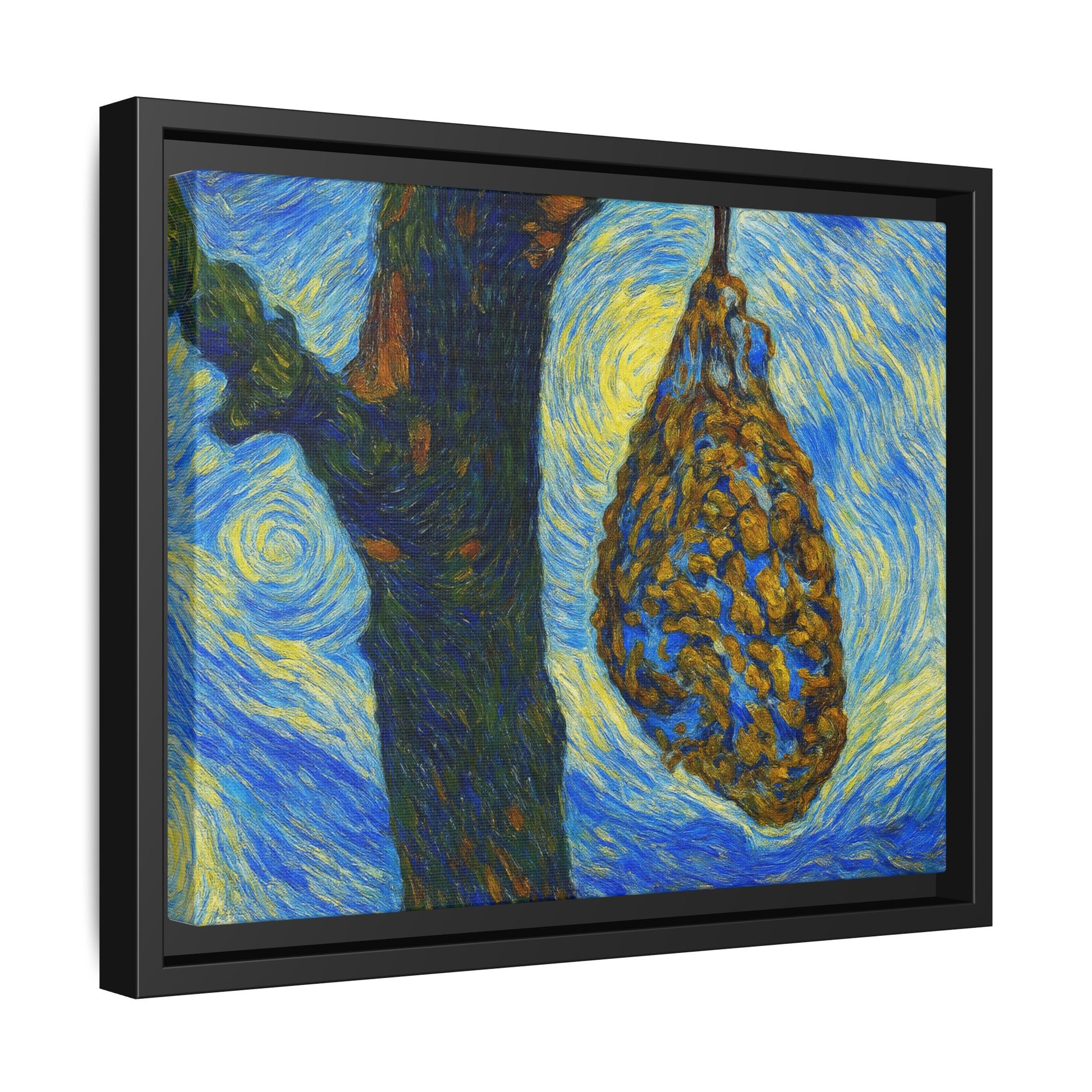 Framed matte canvas art of a starry nut cluster with dried plum in a tree, by Printify, showcasing detailed nature-inspired artwork.