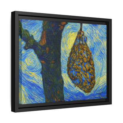 Framed matte canvas art of a starry nut cluster with dried plum in a tree, by Printify, showcasing detailed nature-inspired artwork.