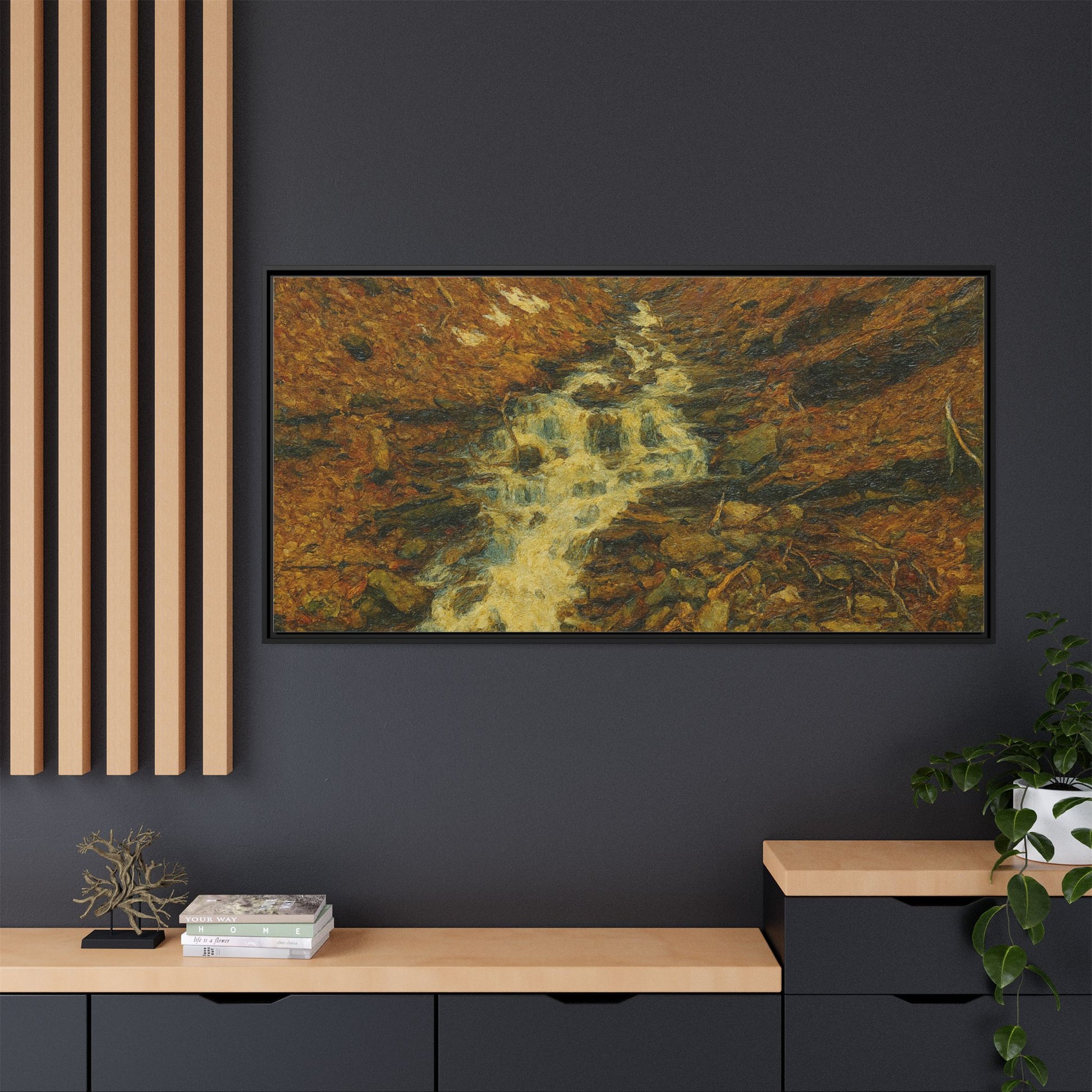 Framed matte canvas print of autumn stream landscape artwork by Printify, showcasing vibrant fall colors and serene water scene.