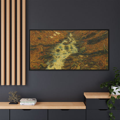 Framed matte canvas print of autumn stream landscape artwork by Printify, showcasing vibrant fall colors and serene water scene.