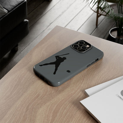 Black phone case with baseball silhouette design, protective sporty iPhone cover by Printify.