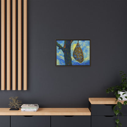 Framed matte canvas art of a starry nut cluster in a dried plum tree, by Printify, showcasing detailed botanical imagery.