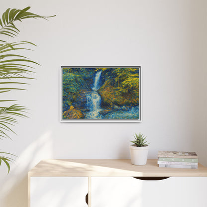 Framed matte canvas print of impressionist waterfall wall art by Printify, showcasing vibrant colors and textured brushstrokes.