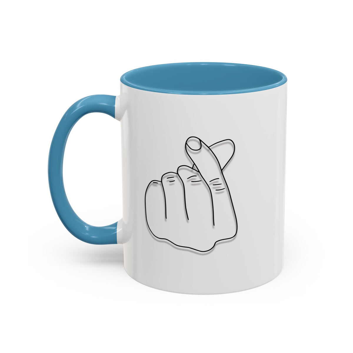 Minimal Korean finger heart accent coffee mug by Printify, 11oz or 15oz ceramic mug with simple design and comfortable handle.
