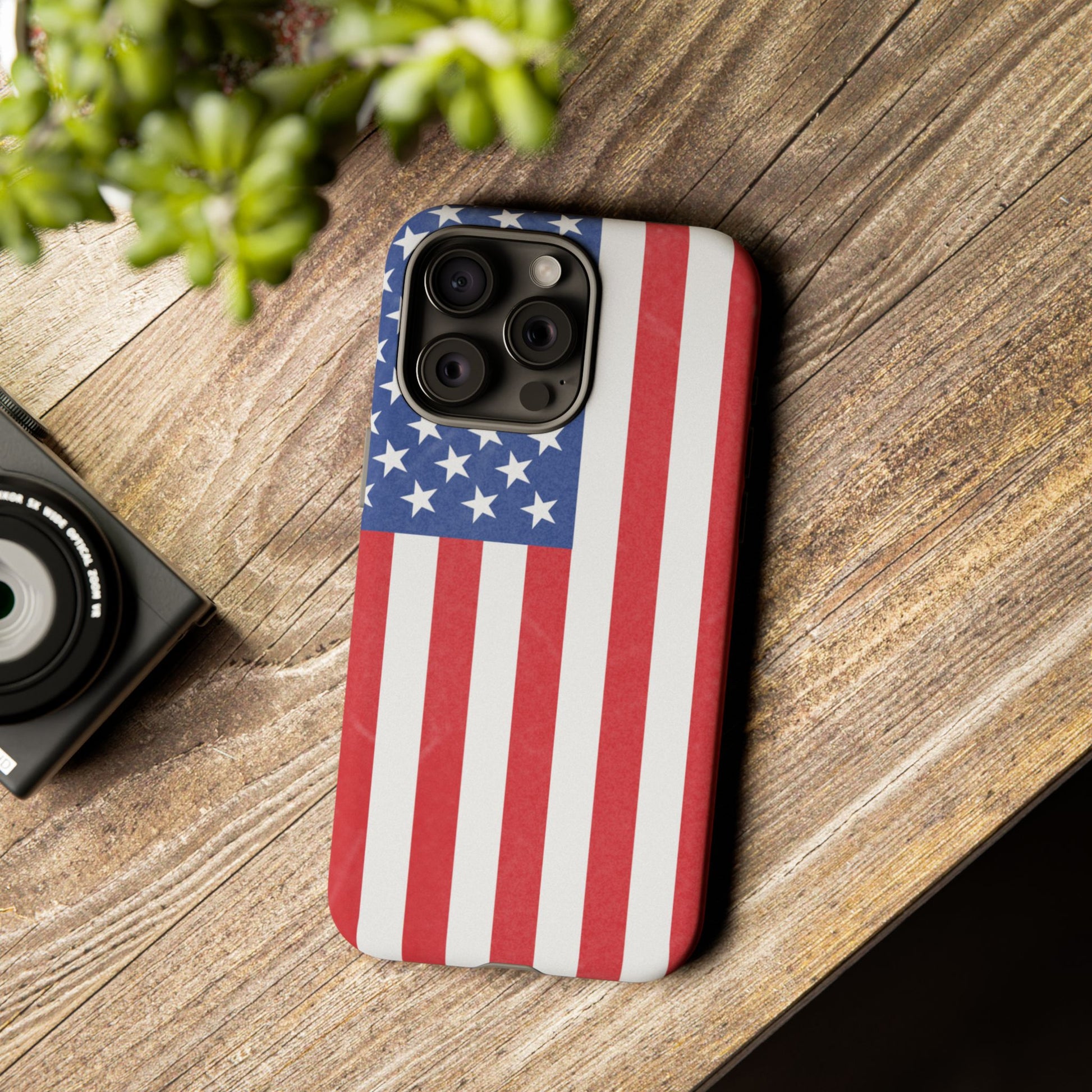 American flag tough phone case for iPhone and Samsung, patriotic protective cover with bold flag design by Printify