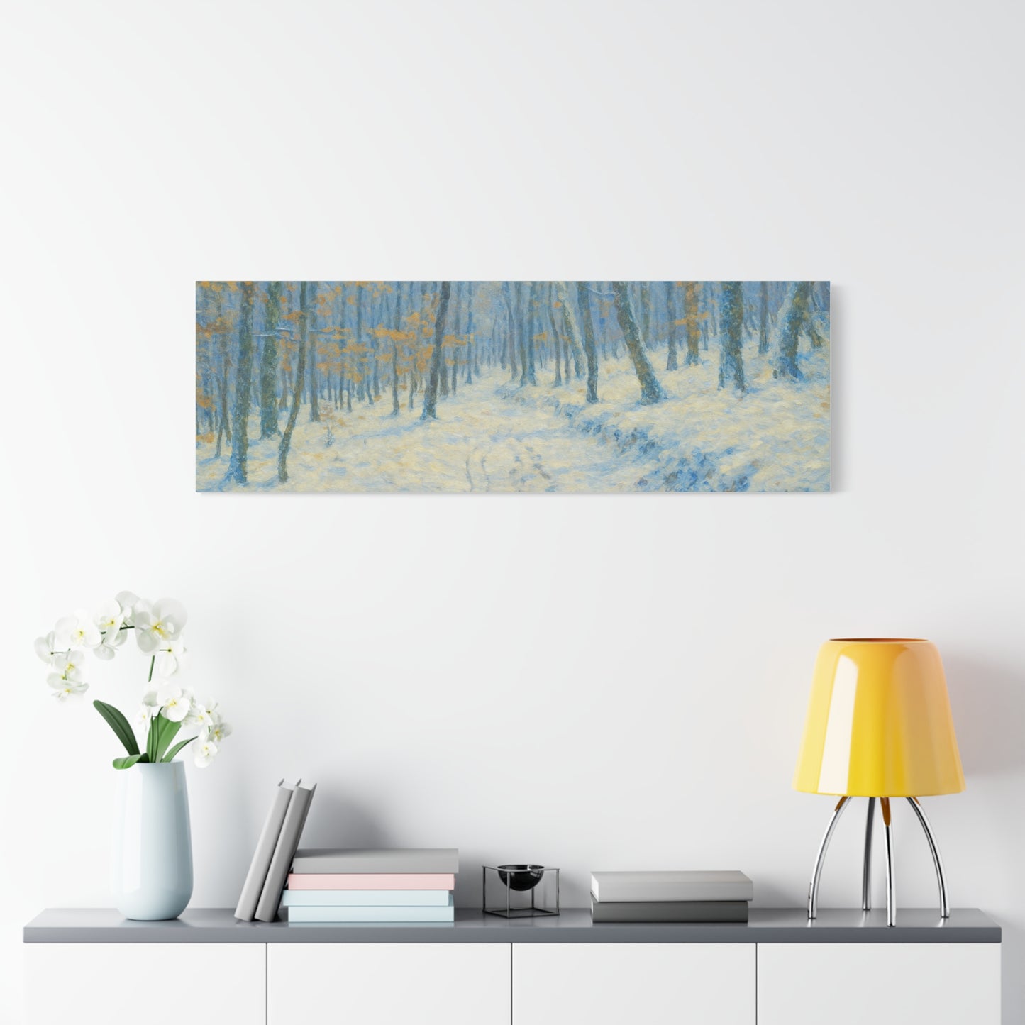 Winter woodland canvas print by Printify featuring a snowy forest scene on matte stretched wall art.