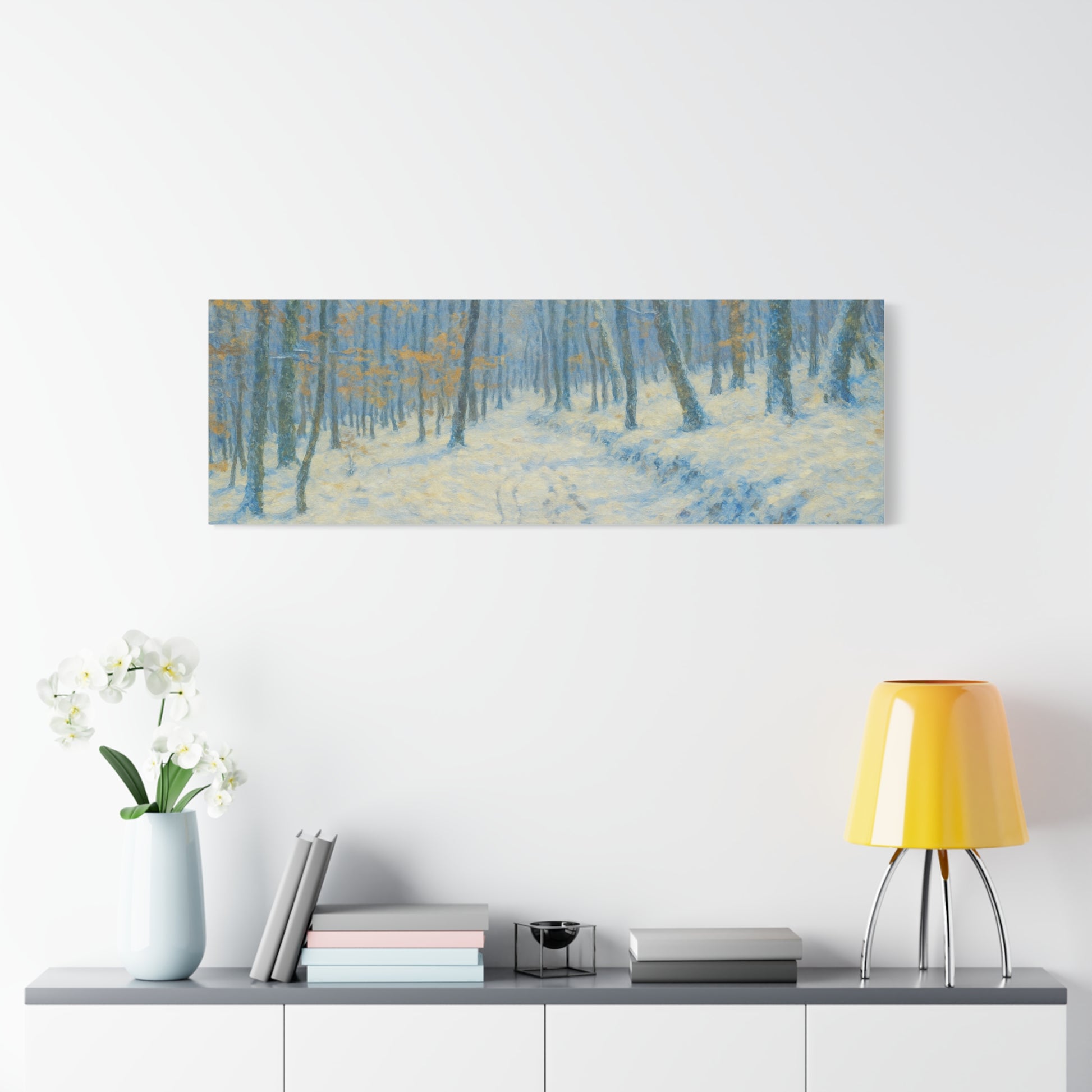 Winter woodland canvas print by Printify featuring a snowy forest scene on matte stretched wall art.