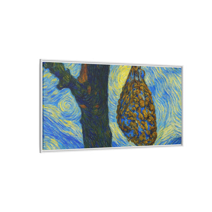 Framed matte canvas art depicting a starry nut cluster with dried plum in tree, by Printify, showcasing detailed botanical artwork.