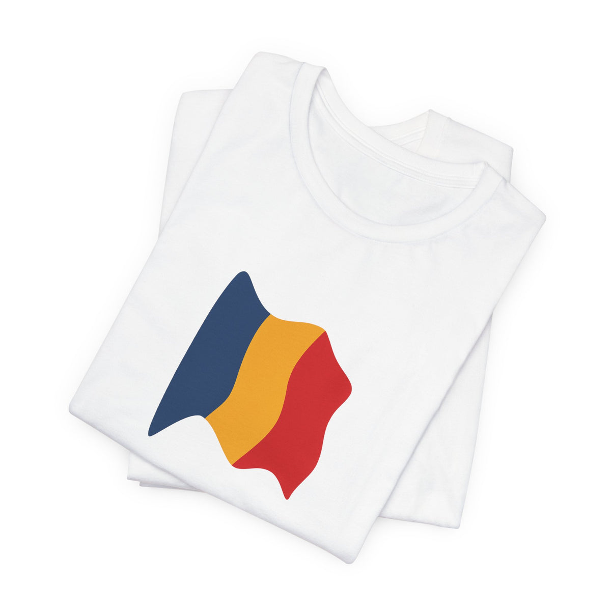 Romania flag T-shirt by Printify, featuring a minimal waving tricolor design on a comfortable cotton tee.