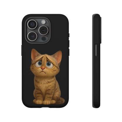 Cute sad kitty design phone case for iPhone, protective cat-themed phone cover by Printify featuring a sad cat illustration.