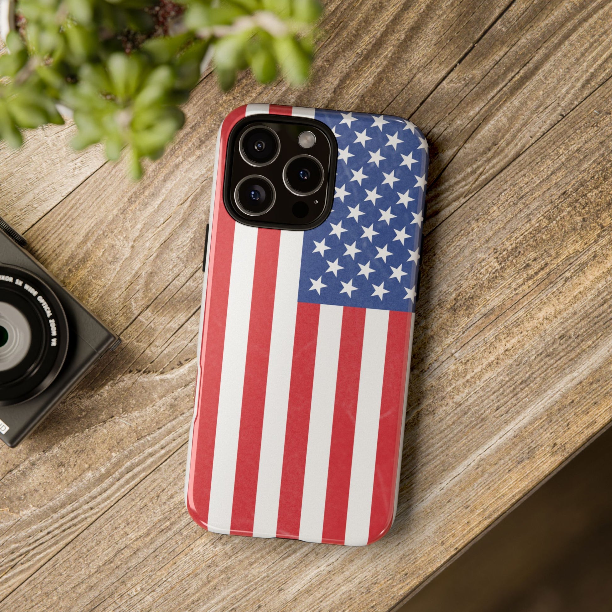 American flag tough phone case for iPhone, durable patriotic design with bold red, white, and blue colors.