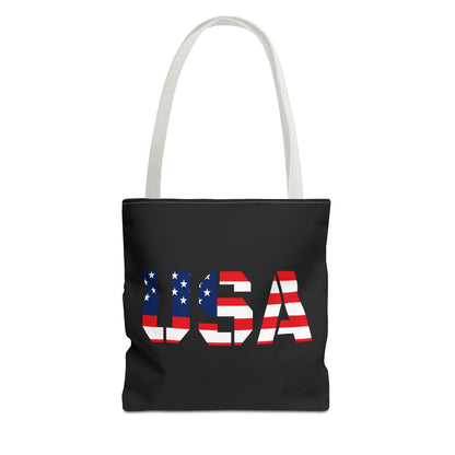 Red, white, and blue USA flag tote bag by Printify, reusable summer carryall perfect for 4th of July celebrations.
