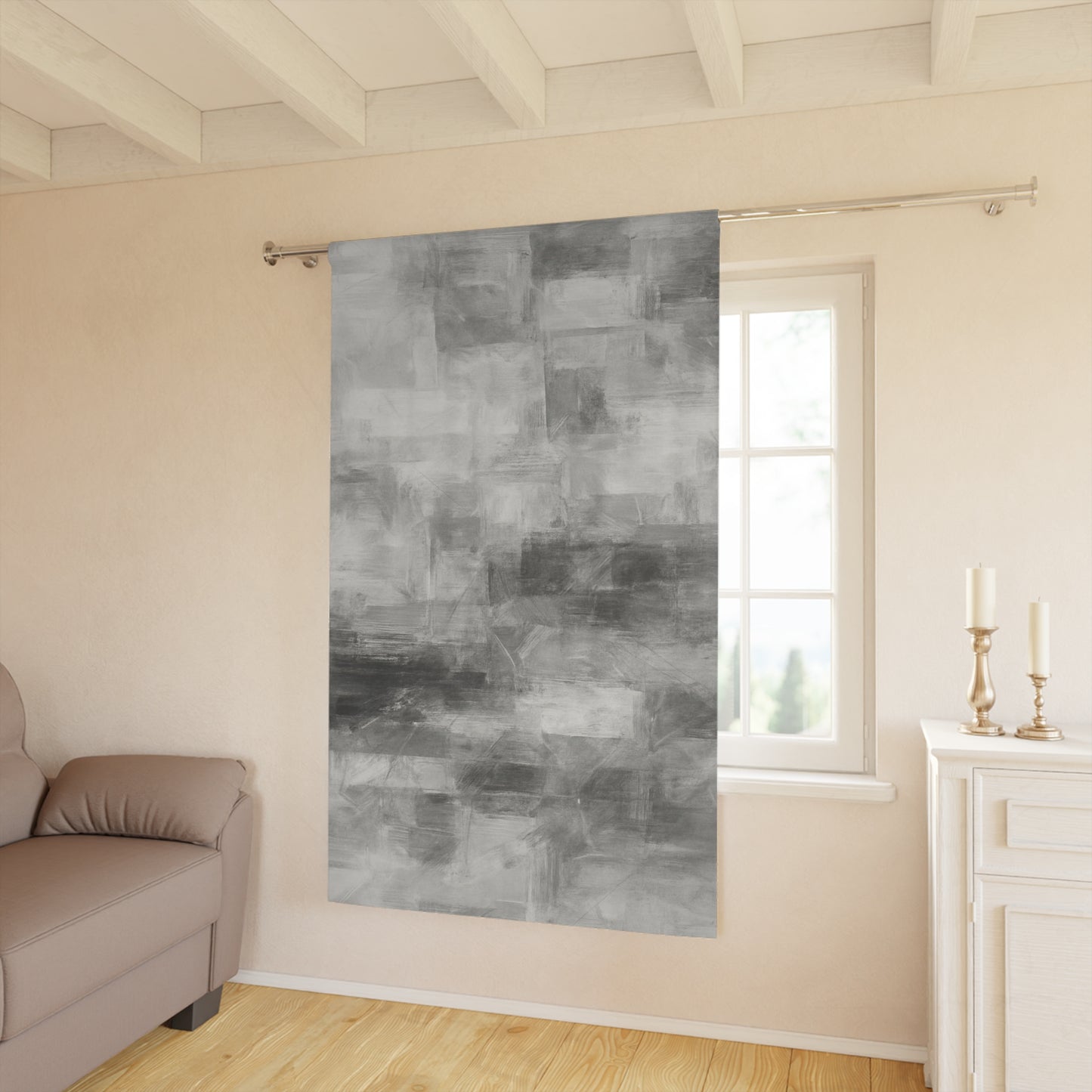 Gray abstract window curtains from Printify, stylish living room drapes with modern design and soft fabric.