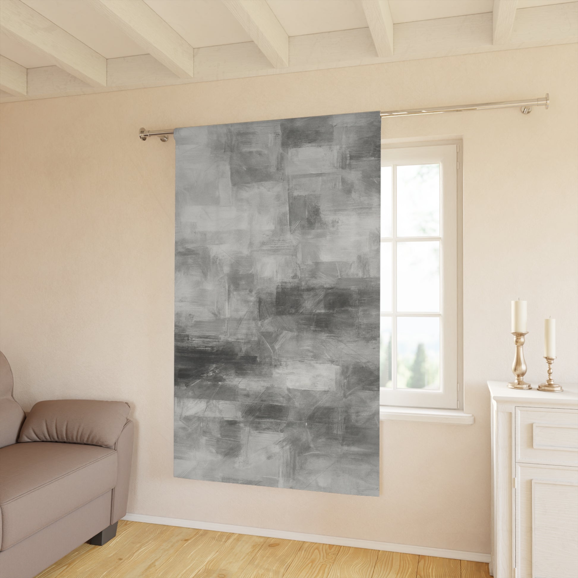 Gray abstract window curtains from Printify, stylish living room drapes with modern design and soft fabric.