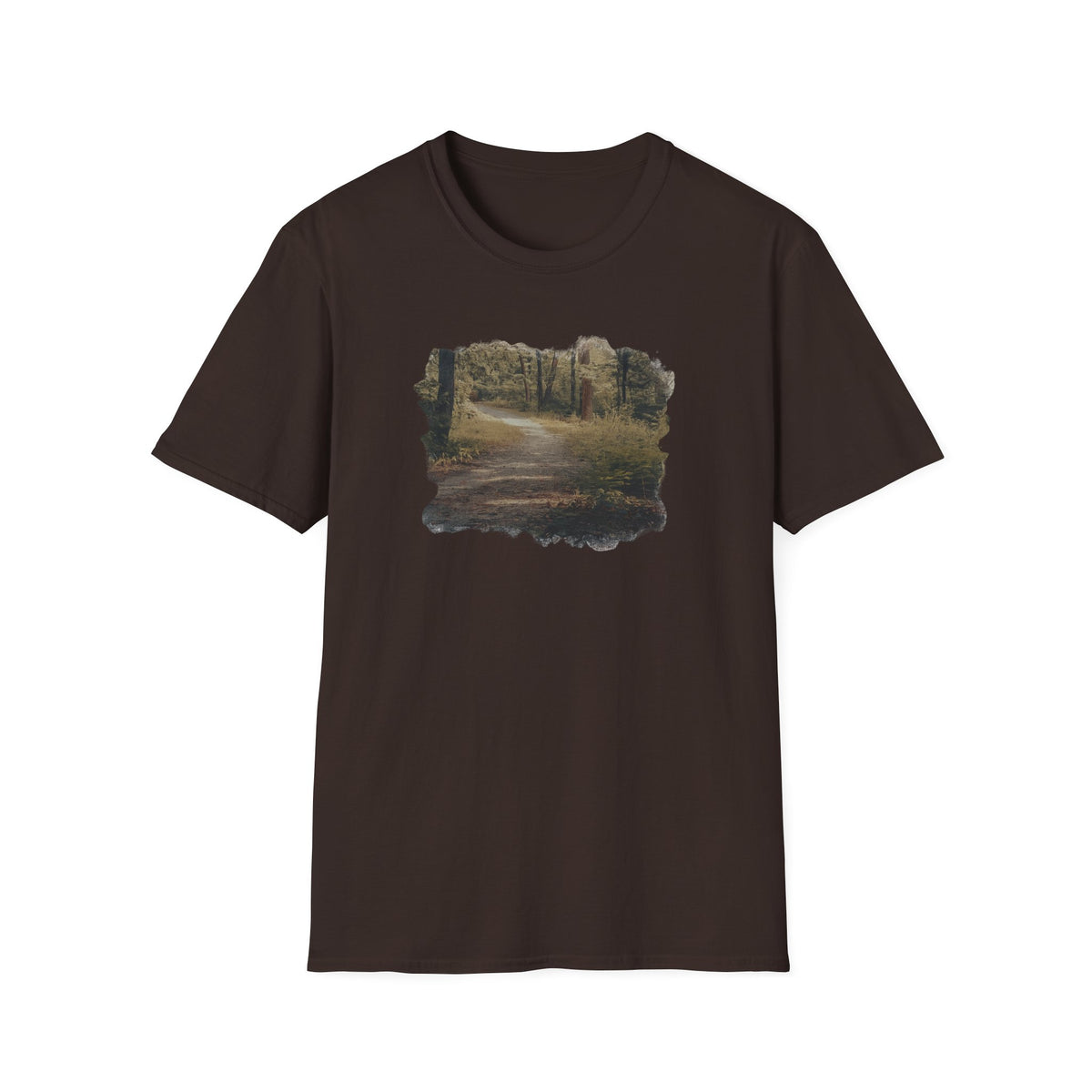 Printify Nature Pathway T‑Shirt featuring vintage forest landscape design on a casual cotton T-shirt.