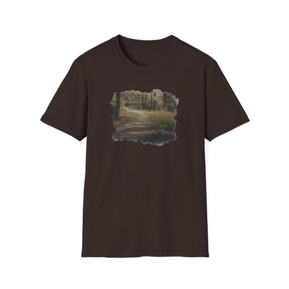 Printify Nature Pathway T‑Shirt featuring vintage forest landscape design on a casual cotton T-shirt.