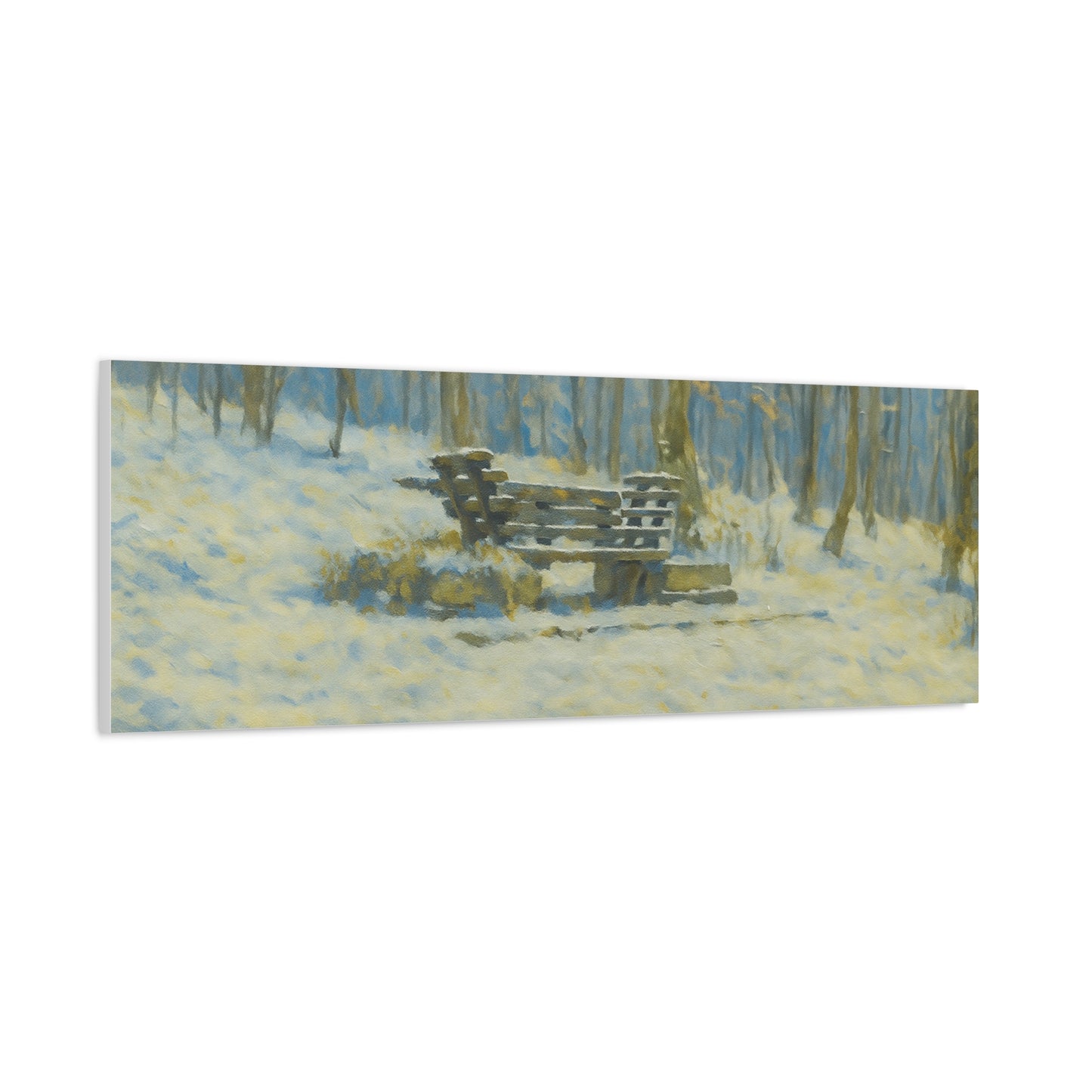 Snowy park bench matte canvas print by Printify featuring winter woodland scene, stretched on 1.25-inch frame.