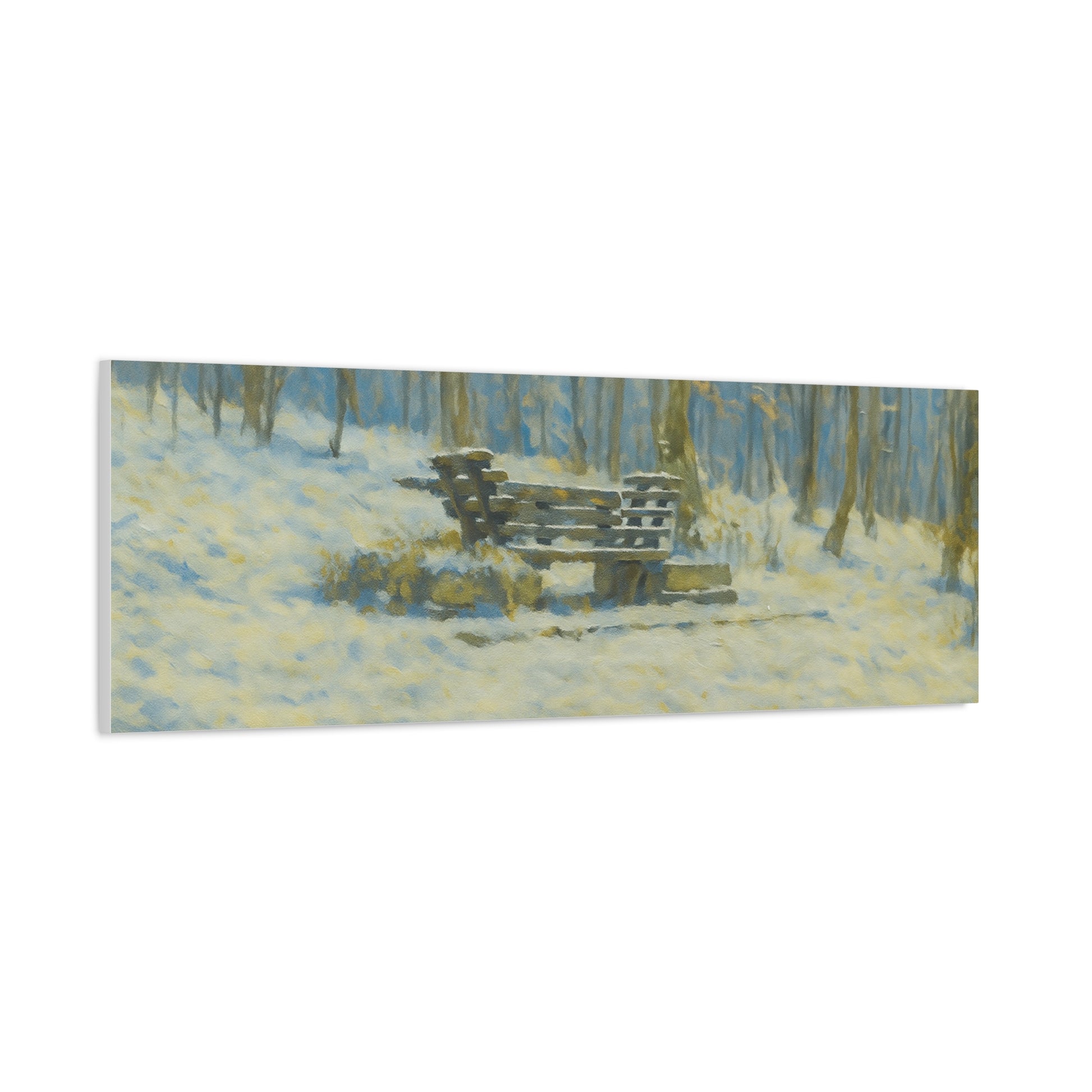 Snowy park bench matte canvas print by Printify featuring winter woodland scene, stretched on 1.25-inch frame.