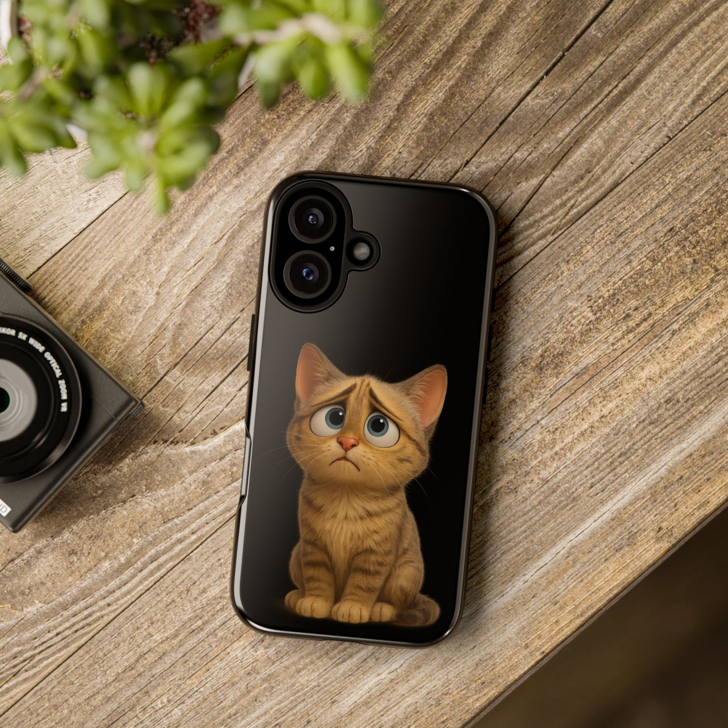 Cute sad kitty design phone case for iPhone, protective Printify cat phone case with adorable feline illustration.