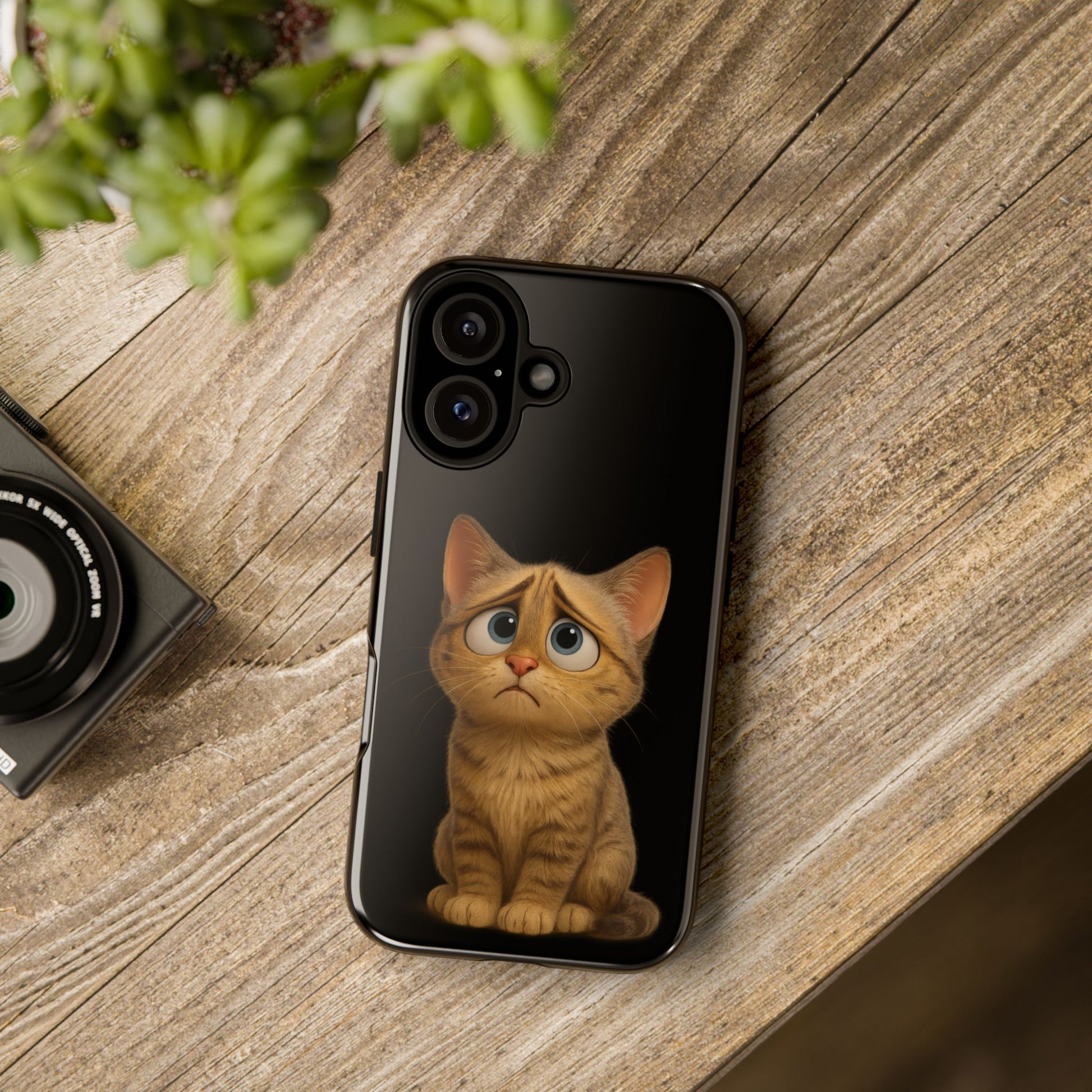 Cute sad kitty design phone case for iPhone, protective Printify cat phone case with adorable feline illustration.