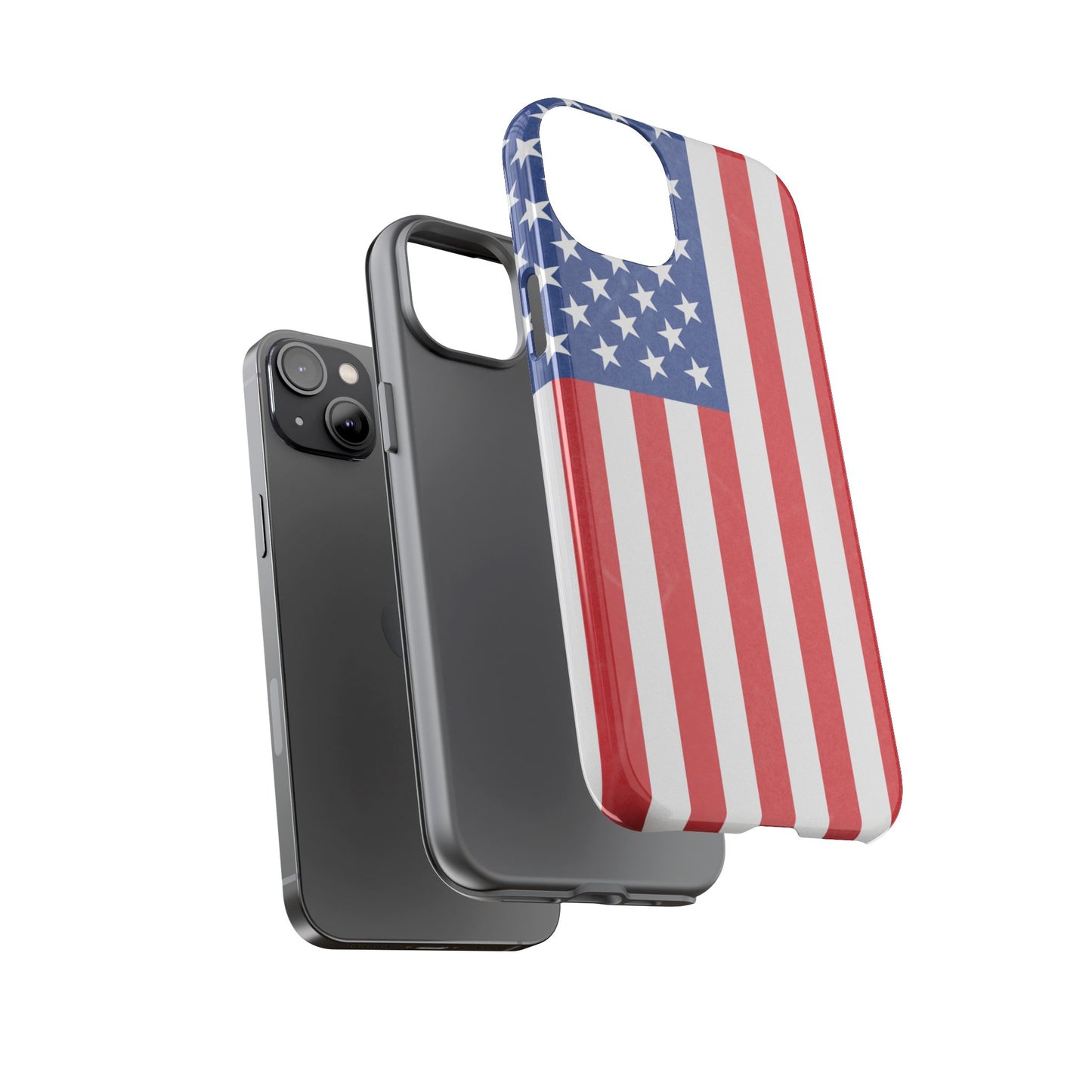 American flag tough phone case for iPhone and Samsung, patriotic protective cover with bold flag design by Printify.
