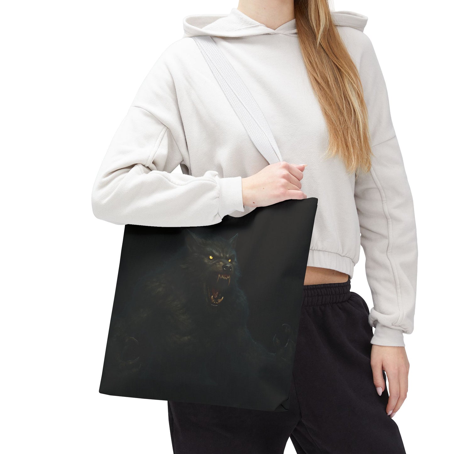 Dark Halloween-themed Werewolf tote bag by Printify featuring horror art, perfect for fans of spooky and gothic accessories.