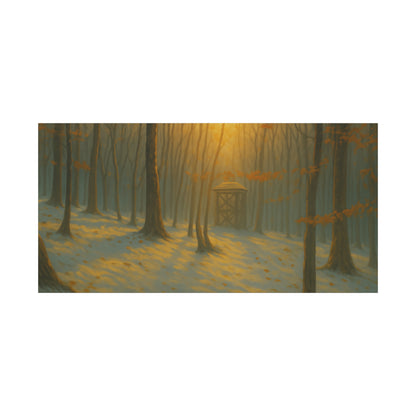 Matte stretched canvas art print of a Misty Forest Sunrise, featuring vibrant natural landscape and detailed forest scene.