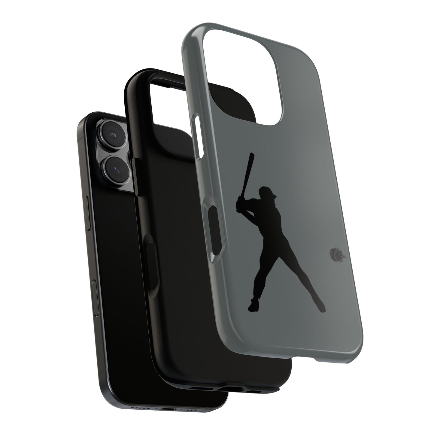 Black tough phone case with white baseball silhouette design for iPhone, providing sporty protection from Printify.