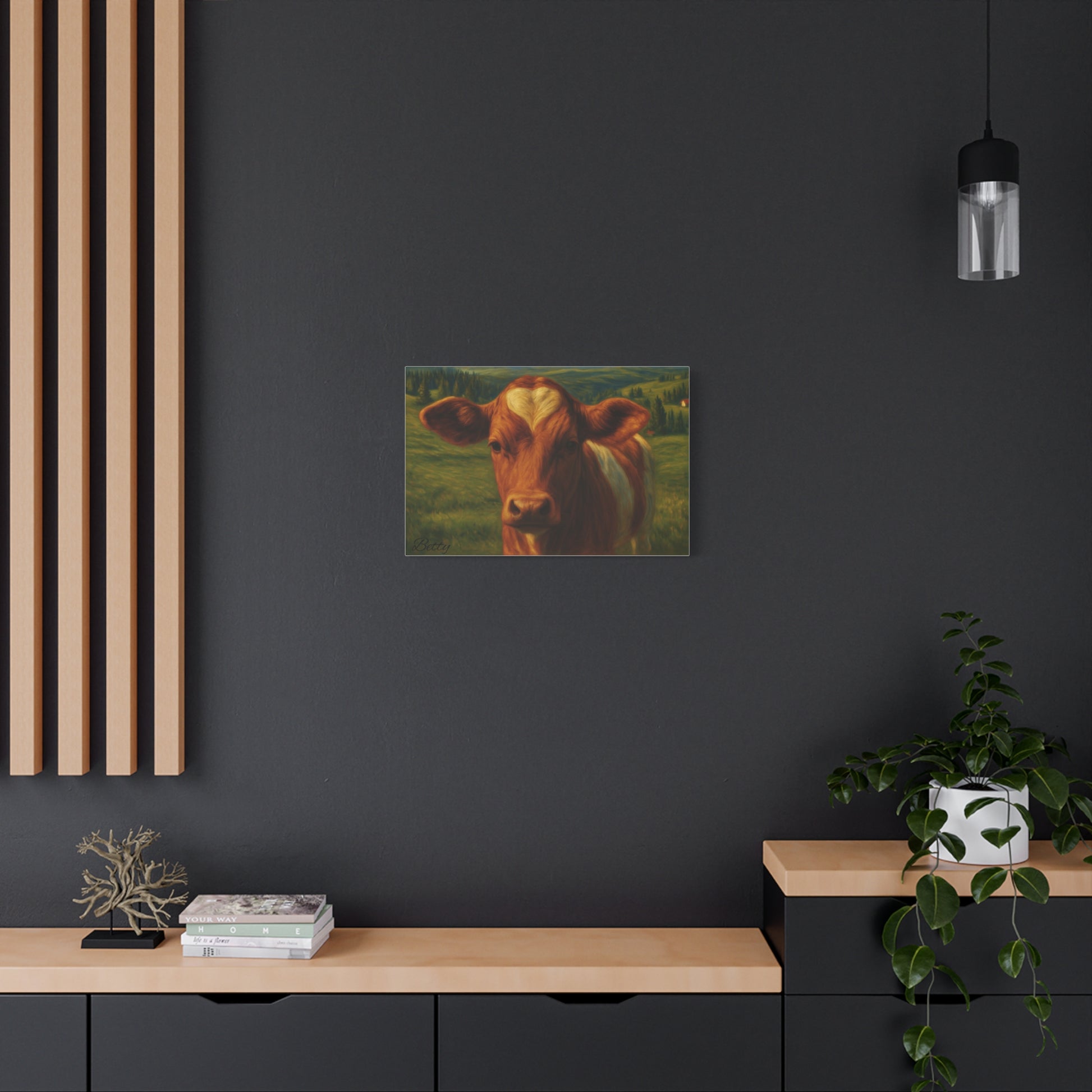 Canvas print of a cow portrait with a heart-shaped forehead, farm animal wall art by Printify.