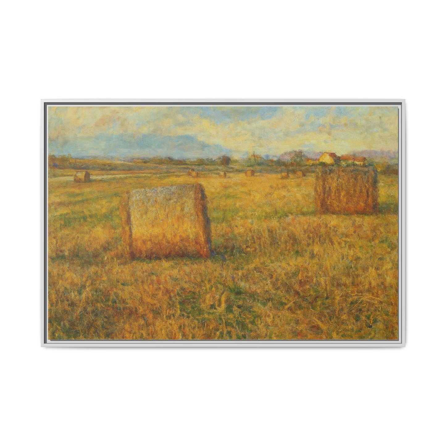 Framed matte canvas wall art featuring a rustic hayfield landscape print by Printify