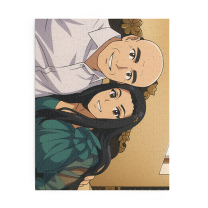 Custom anime couple portrait puzzle featuring 120, 252, or 500 pieces, with vibrant artwork and detailed design by Printify.