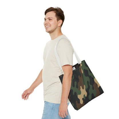 Camo pattern tote bag by Printify featuring all-over print canvas design for everyday carry and casual style.