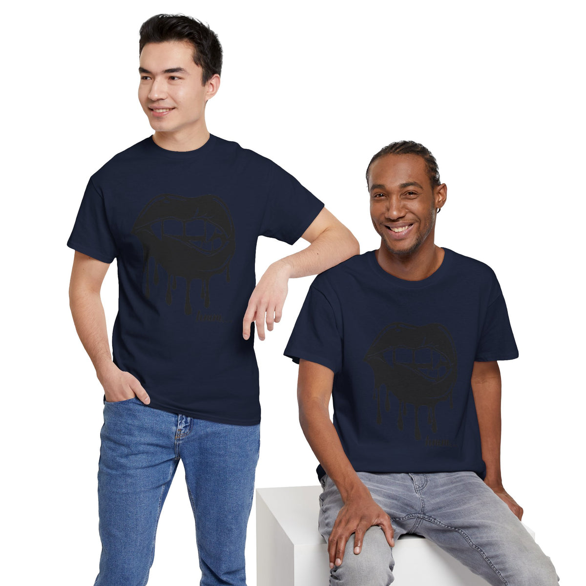 Graphic tee featuring dripping lips and 'hmm...' bite design, Printify T-shirt with bold, artistic print on front.