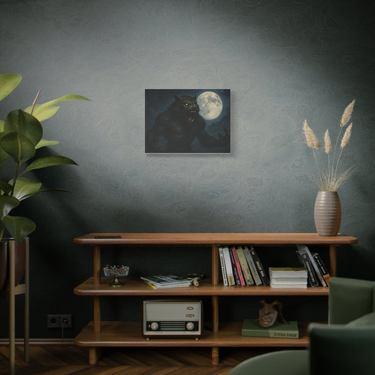 Werewolf Moon matte canvas print featuring a spooky full moon, ideal wall art for horror and Halloween-themed decor.