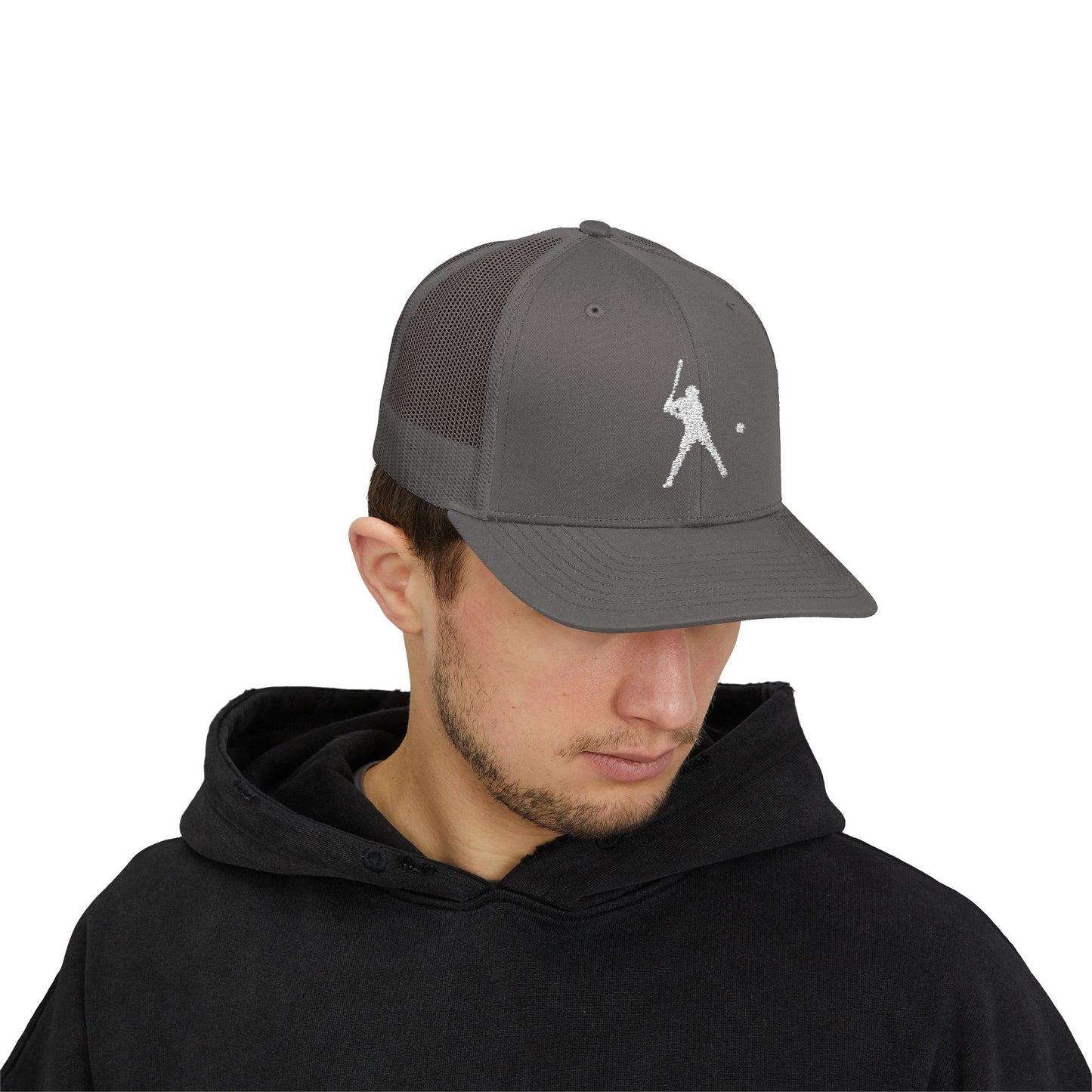 Vintage baseball snapback trucker cap with batter silhouette print, stylish printed hat for casual wear by Printify.
