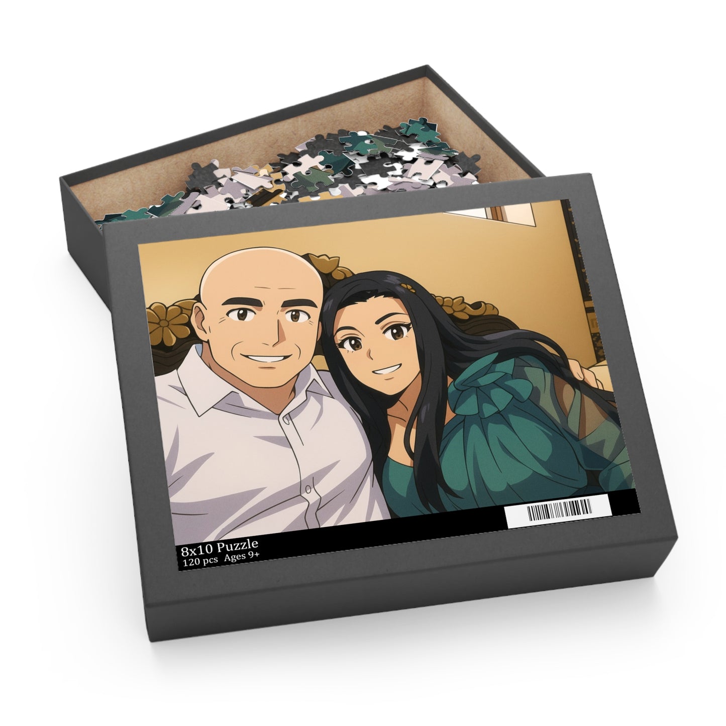 Custom anime couple portrait puzzle with 120, 252, or 500 pieces, featuring vibrant anime-style artwork.