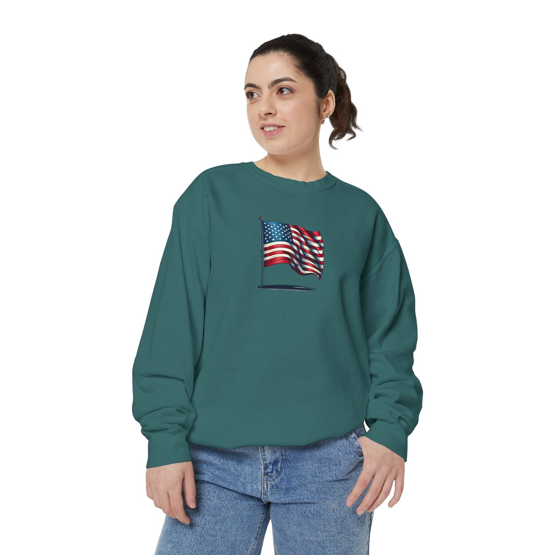 Patriotic Unisex Garment-Dyed Sweatshirt with Vintage American Flag, Cozy Fall Outfit, Statement Sweater, Gift for Veterans, Casual Fashion - TRV