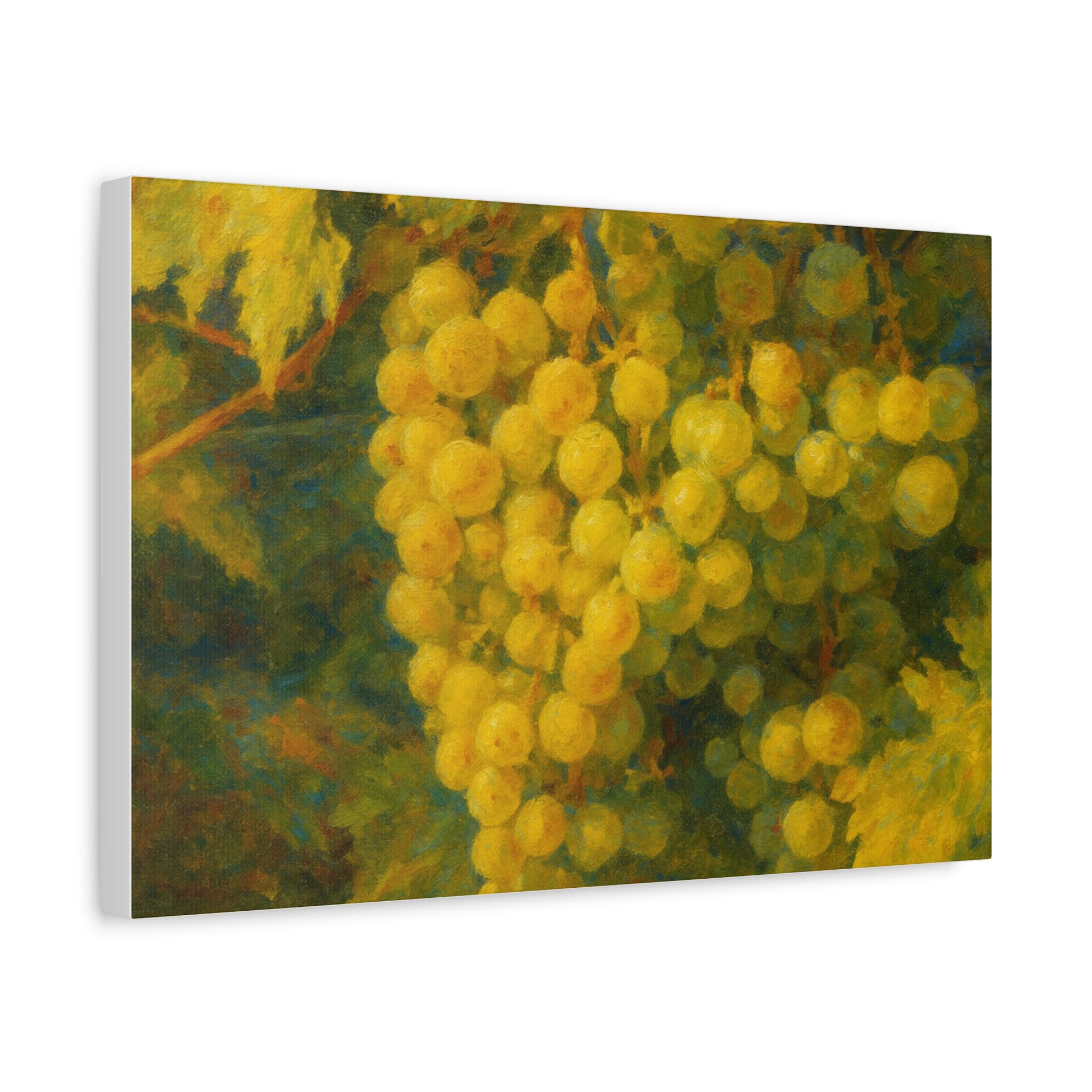 Yellow grape cluster canvas print by Printify featuring a vibrant bunch of grapes on a neutral background.