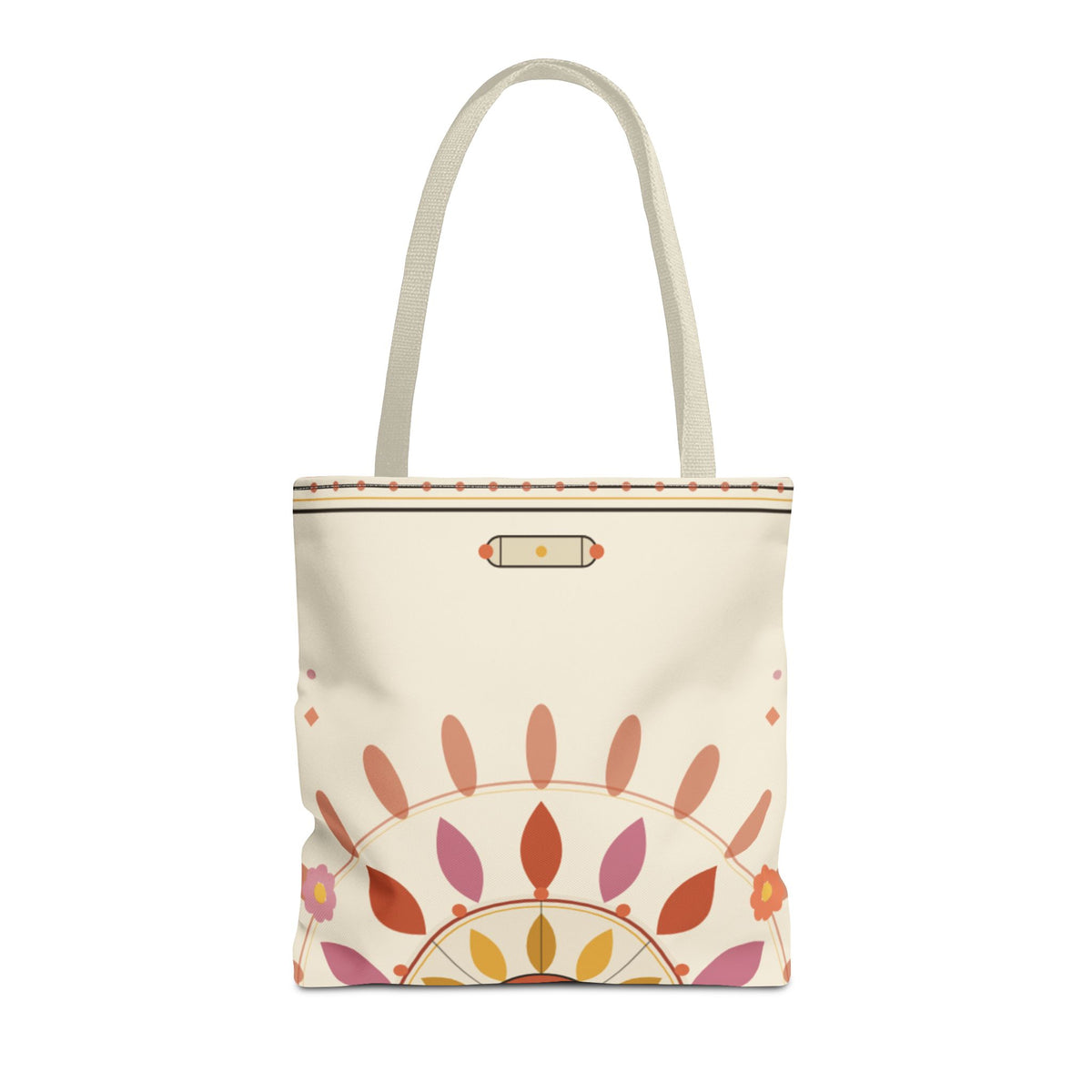 Boho floral mandala tote bag by Printify featuring a pastel sunburst pattern and intricate floral mandala design.