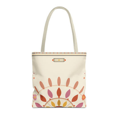 Boho floral mandala tote bag by Printify featuring a pastel sunburst pattern and intricate floral mandala design.