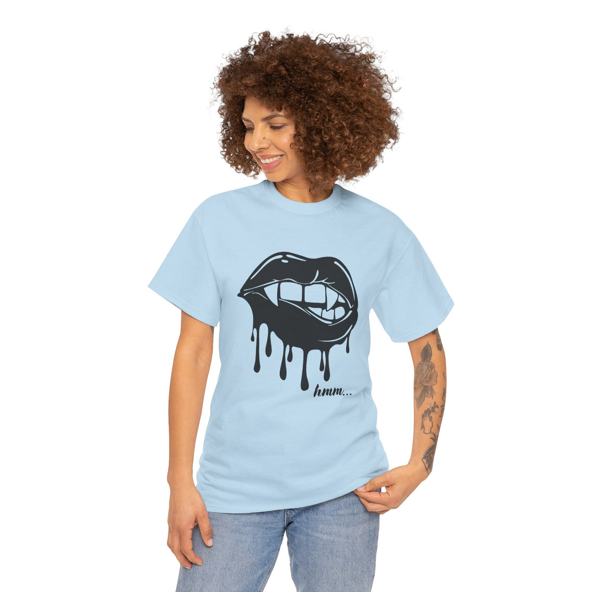 Black graphic T-shirt featuring a dripping lips 'hmm...' bite design by Printify, casual and stylish for everyday wear.