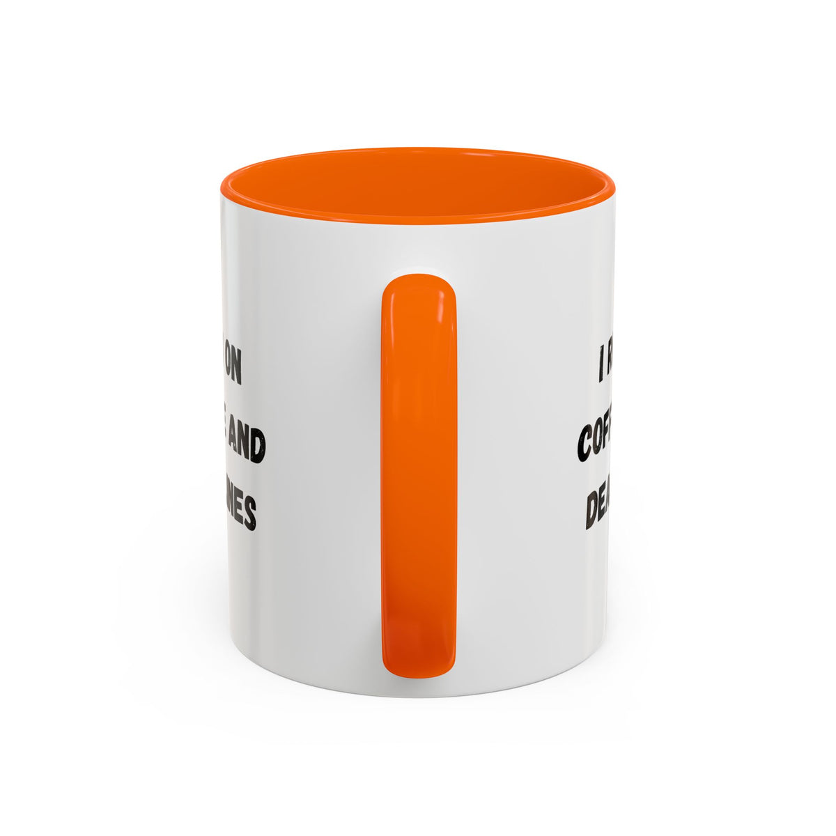 White ceramic mug with "I Run on Coffee and Deadlines" printed in black text, featuring a stylish coffee cup illustration.