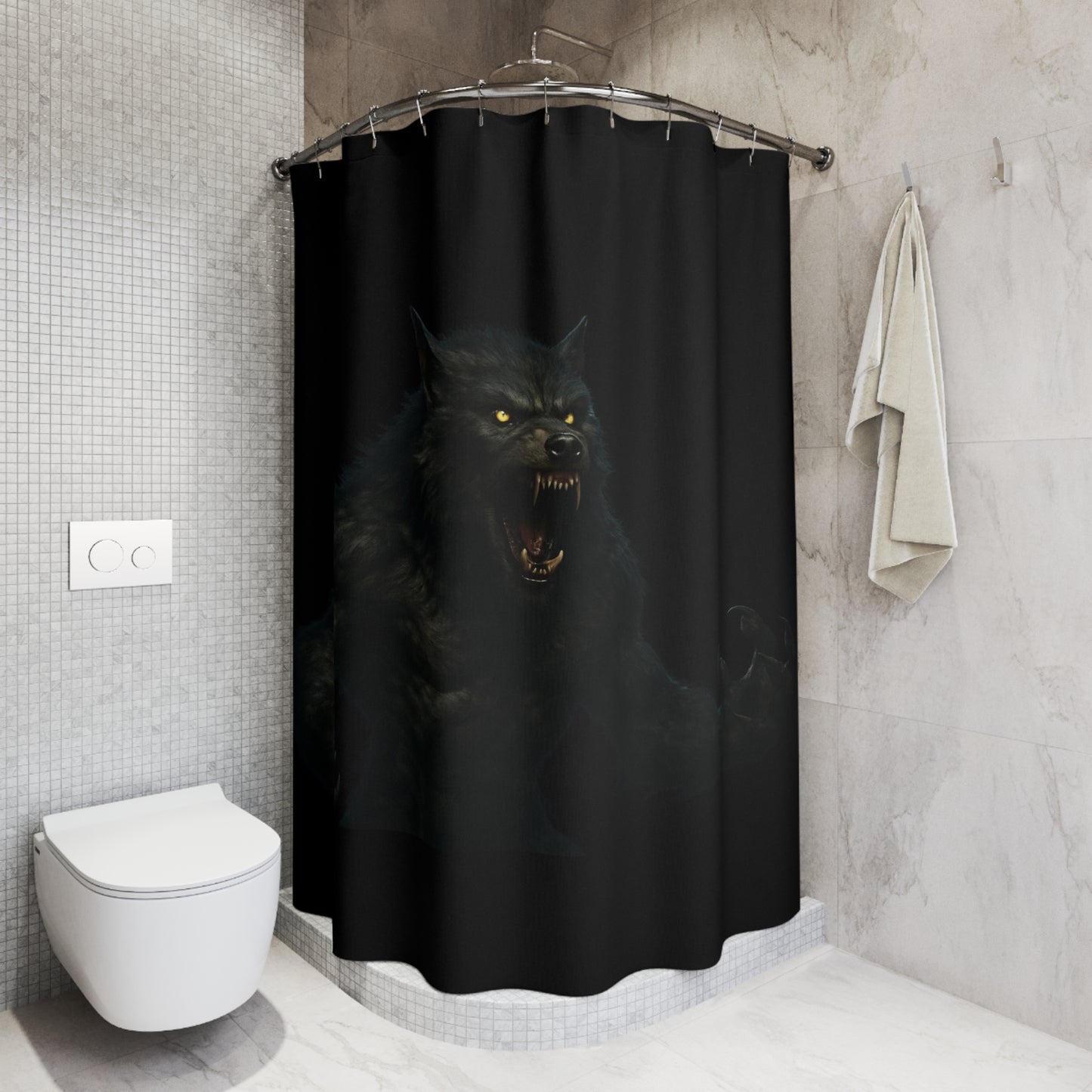 Gothic werewolf shower curtain with moonlit night design, perfect for dark-themed bathroom decor, by Printify.