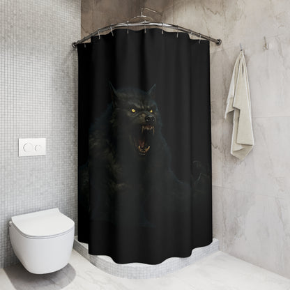 Gothic werewolf shower curtain with moonlit night design, perfect for dark-themed bathroom decor, by Printify.