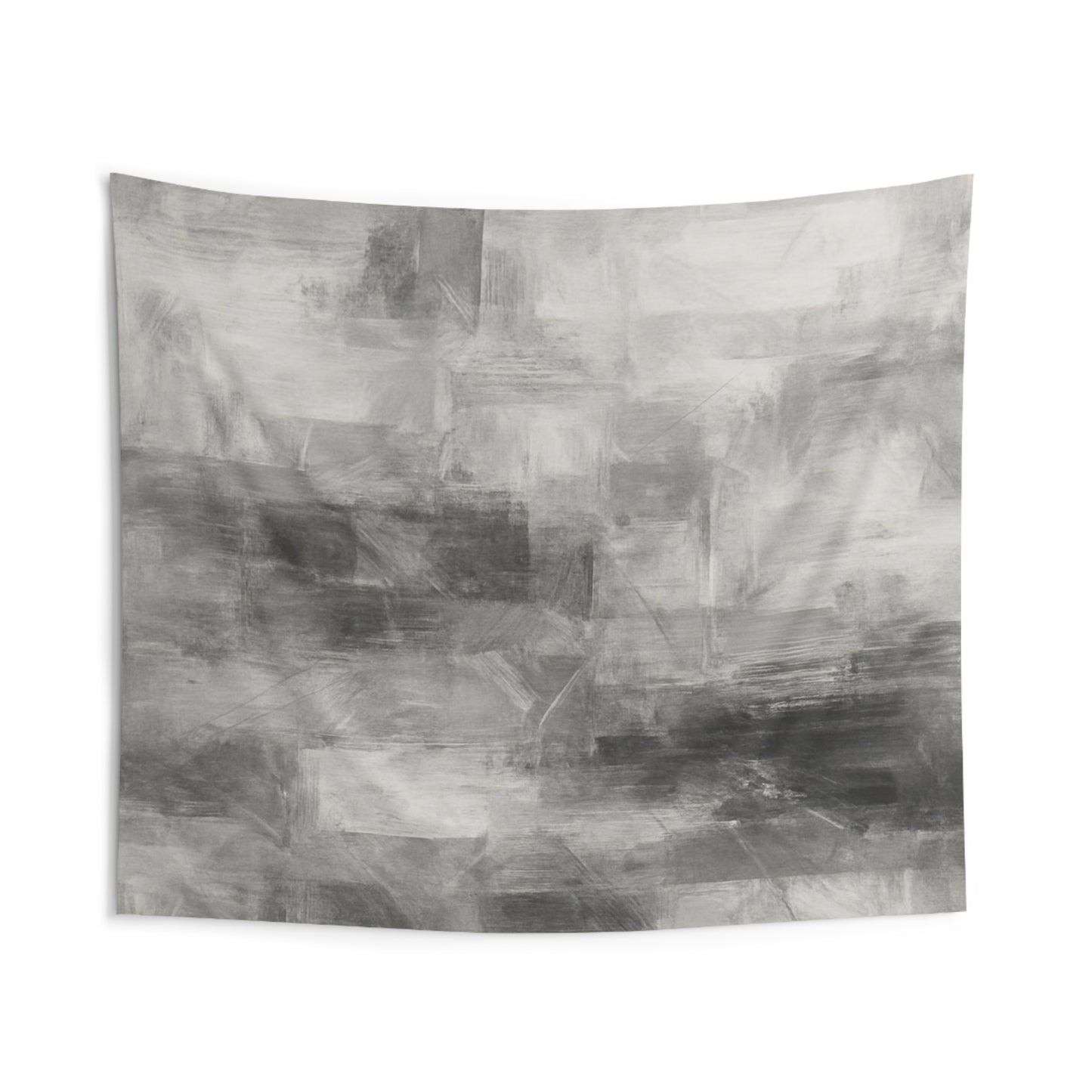 Black and white minimalist wall tapestry hanging in a living room, designed for bedroom or living space decor.