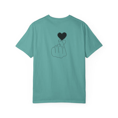 Black T-shirt featuring a minimal heart graphic design, perfect for casual wear, by Printify.